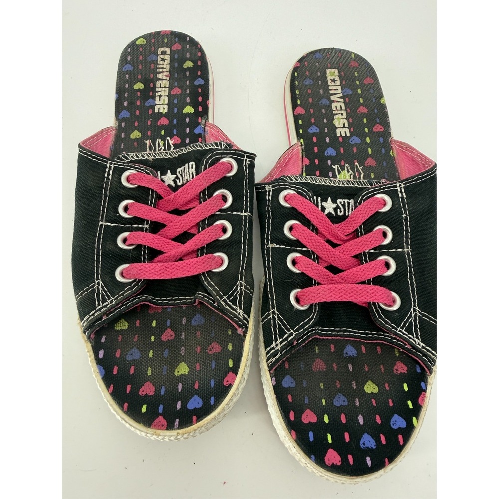 Converse All Star Cutaway Open Toe Slide Sandals Heart Print Canvas Black Pink W